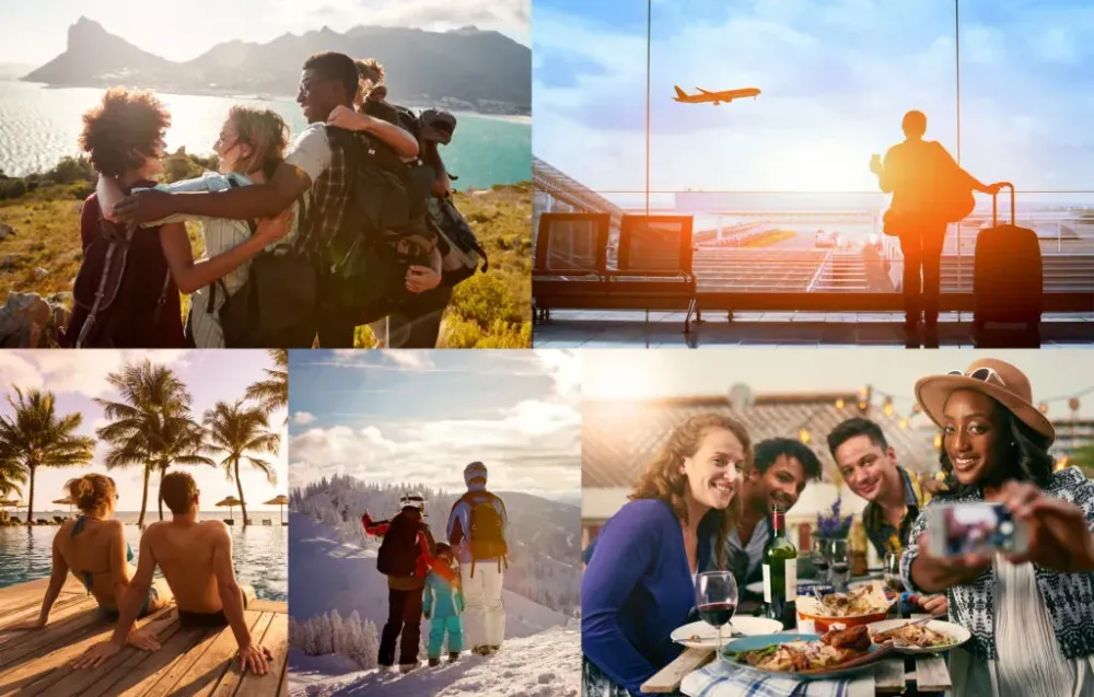 A collage of various groups of people enjoying vacations